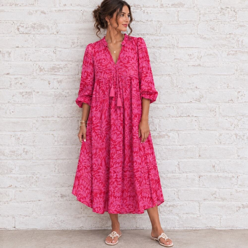 Boden Boho Tie Neck Kaftan Midi Dress Women’s Size 6 R Resort Vacation Coastal